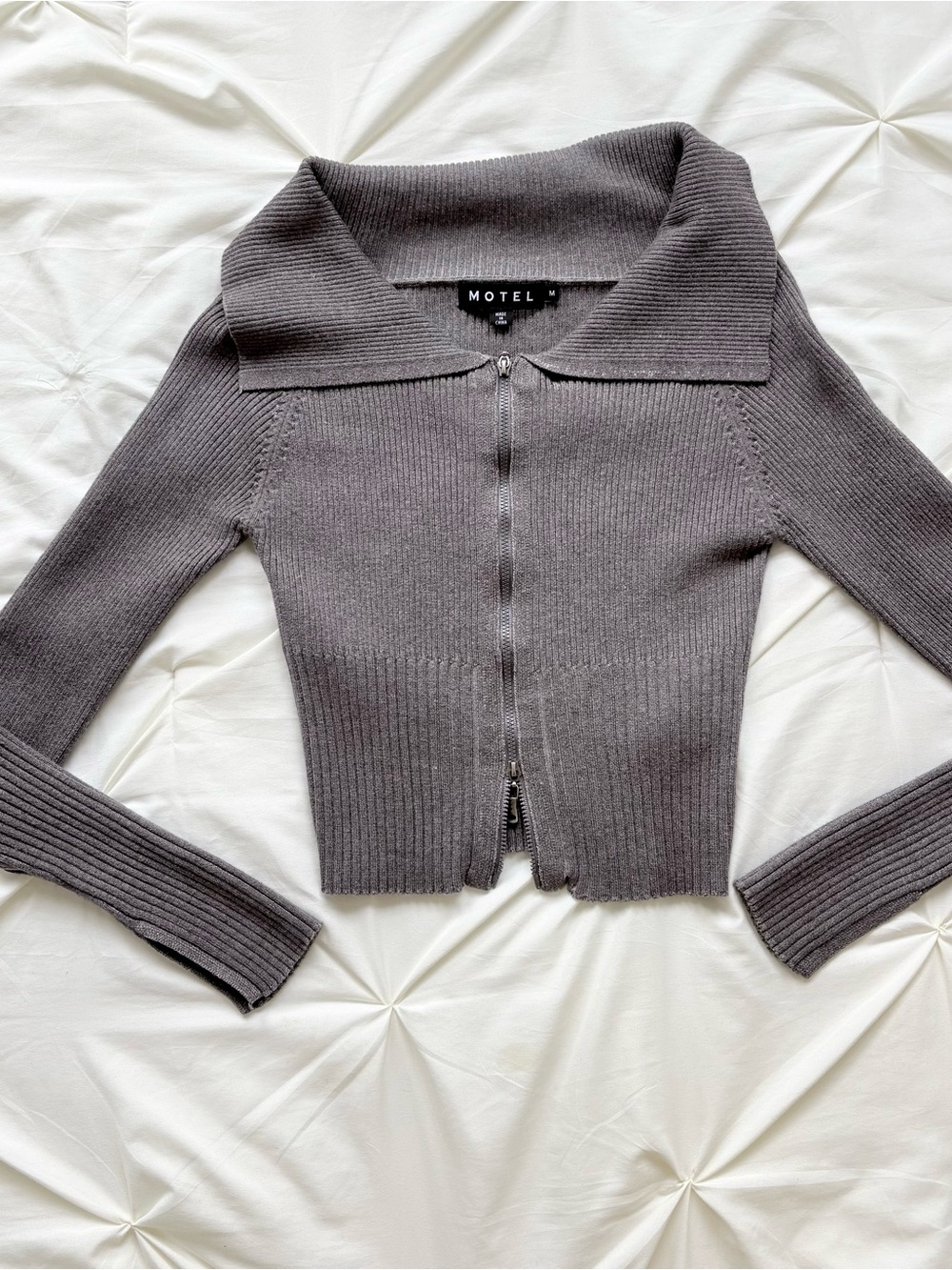 Motel Rocks Charcoal Gray Ribbed Zip-Front Sweater